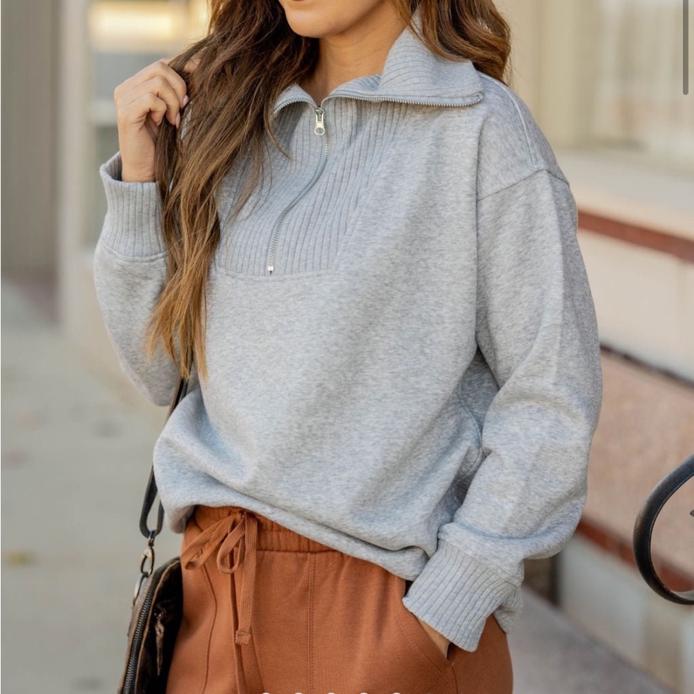 Gray Quarter Zip Ribbed Rae Mode Sweater from Betsey’s Boutique